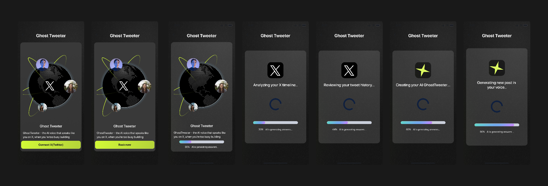 Onboarding to generation — seven screens of the product flow