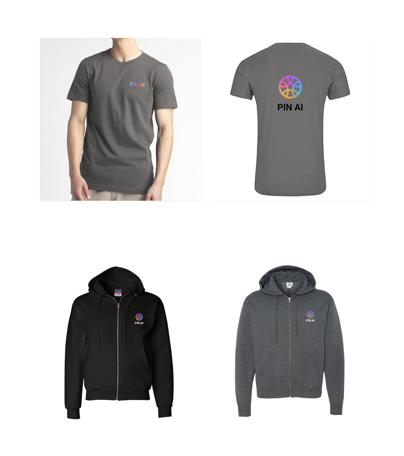 Team tees and hoodies — charcoal & black, gradient chest mark